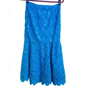 Vintage Paisley Print Sequin Tiered Trumpet/mermaid Midi Skirt In Aqua Blue. S/M